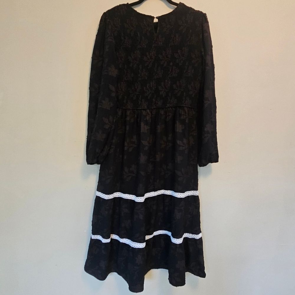 Pretty Garden Dress Women L Black Smocked Bodice Bishop Sleeves Goth Witchy Maxi - Picture 2 of 13